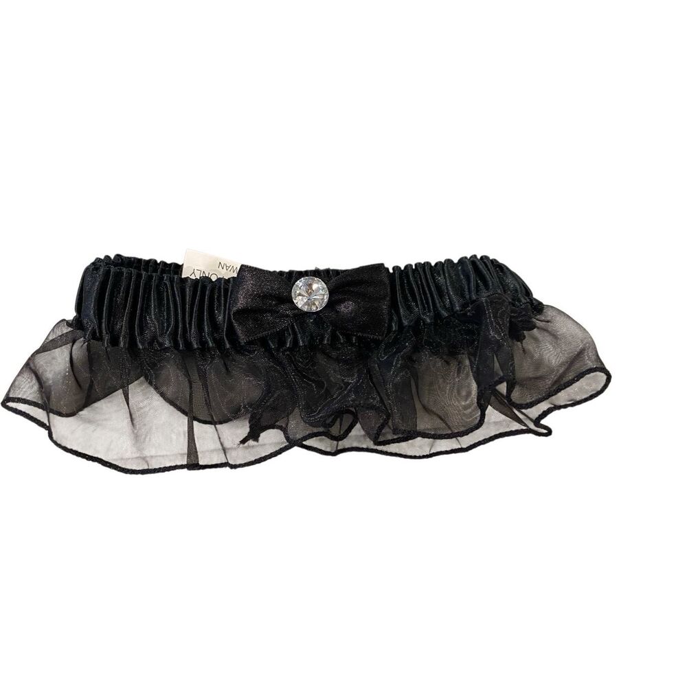 Black Sheer Ruffle Wedding Garter Bow Rhinestone Lingerie Accessory Sexy Goth